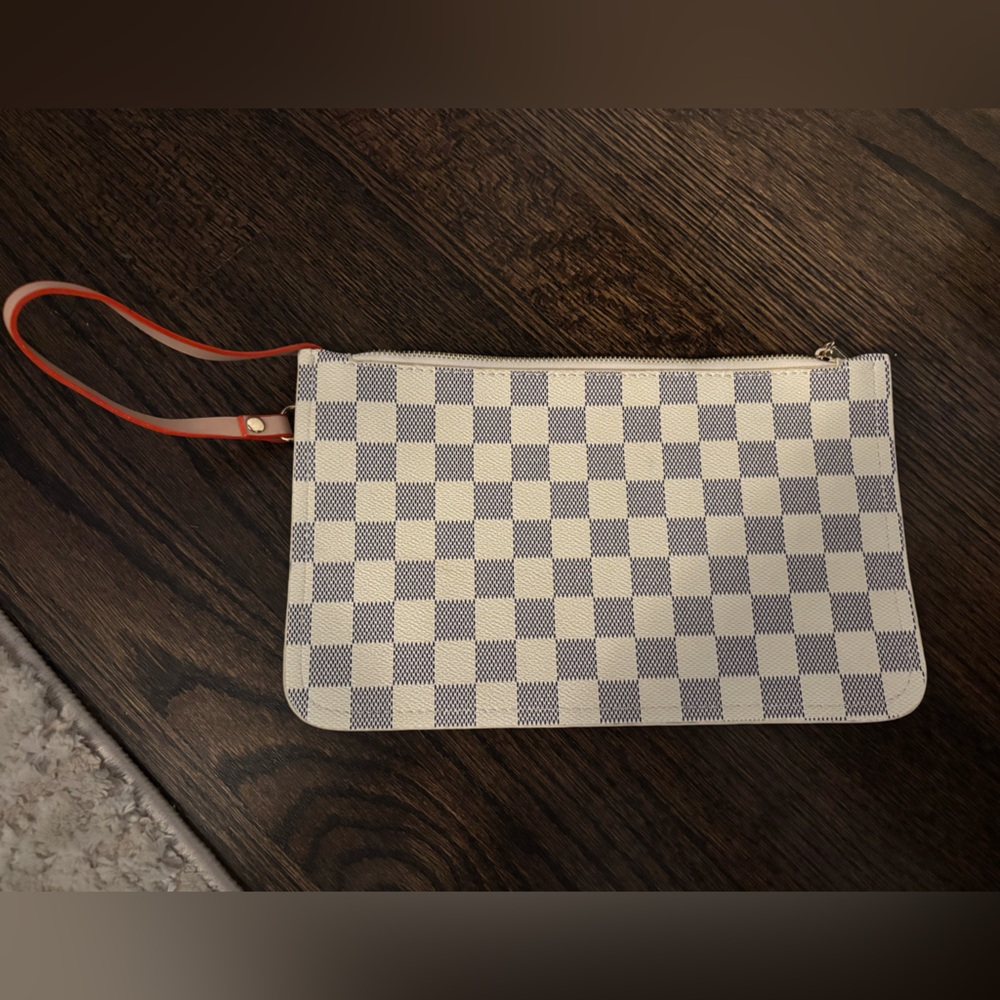 Neutral Checkered Wristlet Clutch with Tan Strap